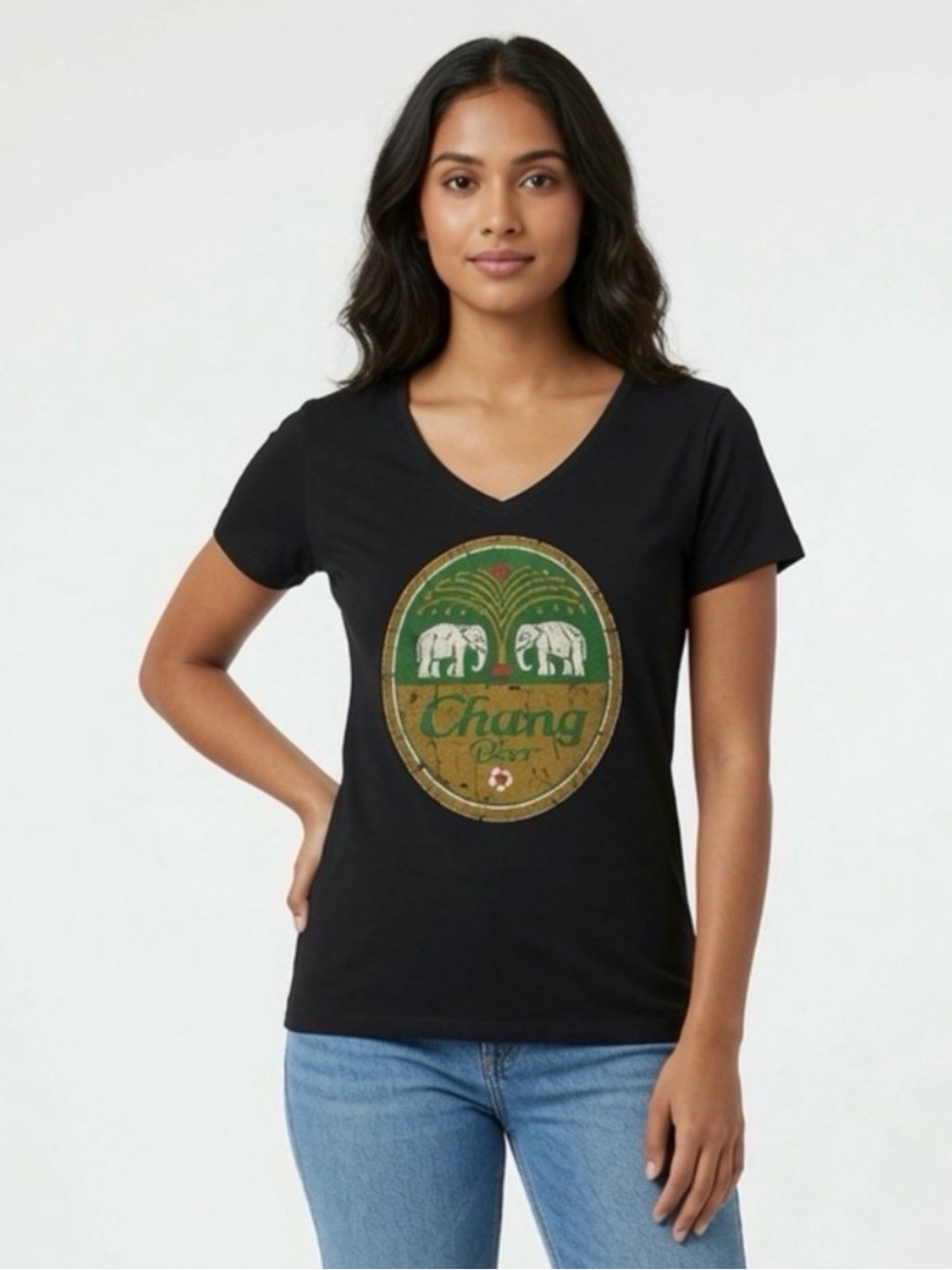 Chang Beer Black Elephant Graphic T-Shirt Retro Logo Short Sleeve Large Tee